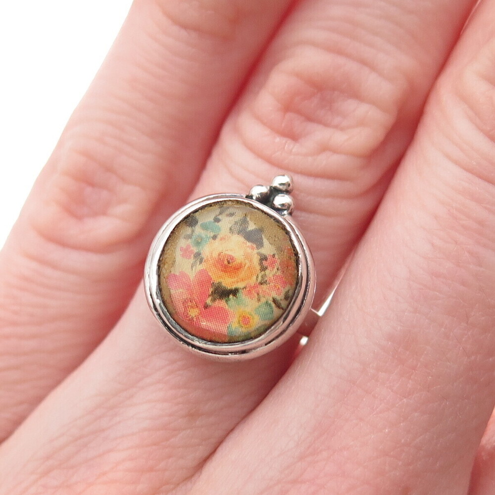 925 Sterling Silver Vintage Enamel Rose Flower Ring Size 5.75